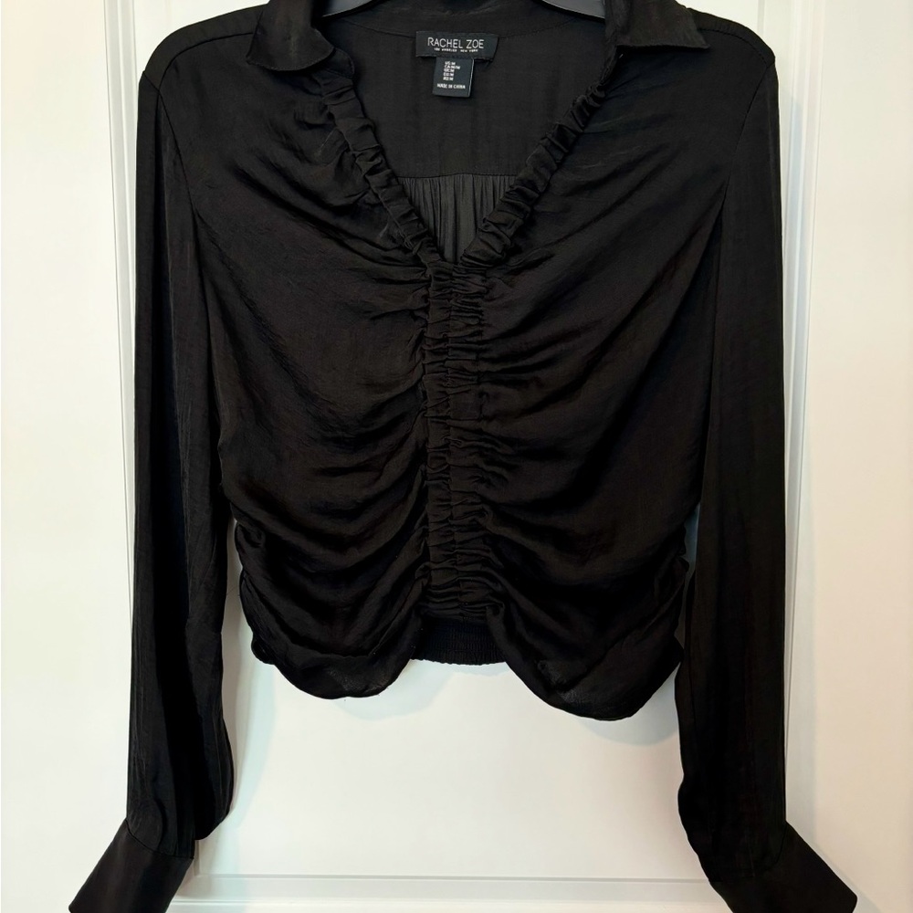 Rachel Zoe Black Long Sleeve Fitted Blouse with Ruffled Details